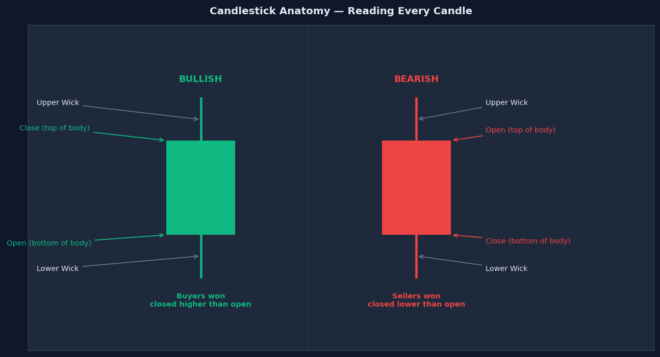 Candlestick anatomy diagram showing Open, High, Low, Close, upper wick, lower wick and body on both bullish and bearish candles